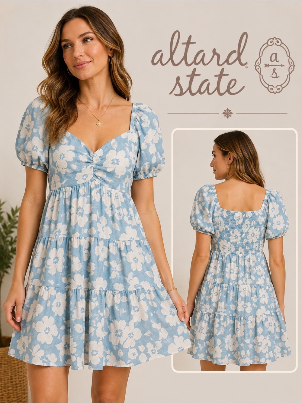 Altar’d State Blue & White Floral Puff Sleeve Smocked Mini Dress Size M